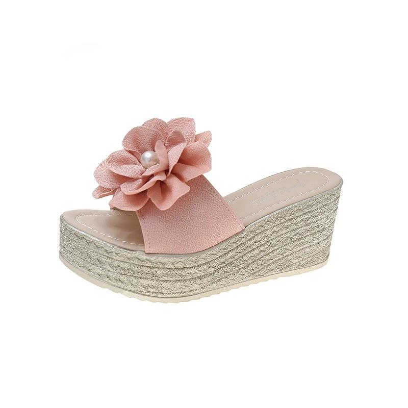 Fashion 2024 Summer 7cm Wedge Heels Slides Women Appliques Flowers With Pearl Platform Beach Cool Sandals New Shoes Slippers