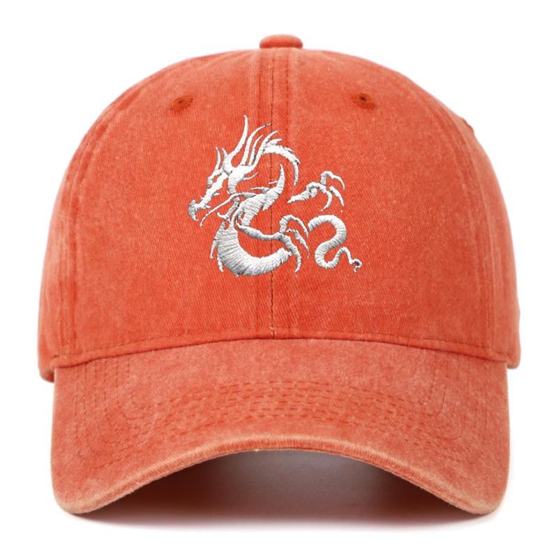 European Dragon Embroidery Vintage Washed Cotton Baseball Cap