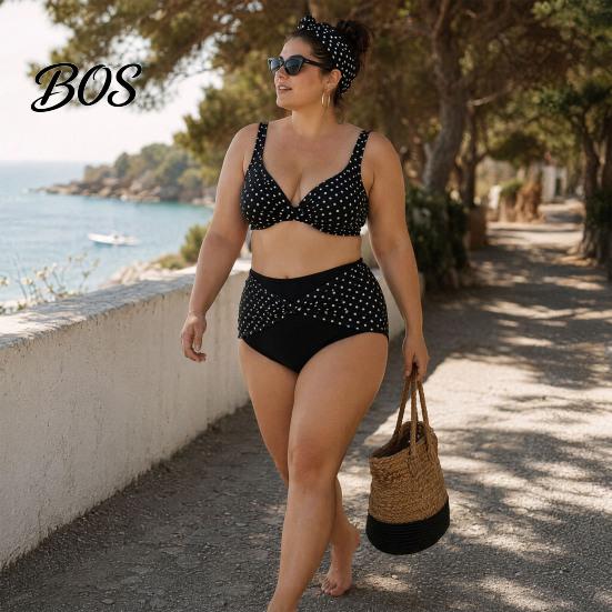 Übergröße Bikini Set 2 Teile/Set Set, Kreuz-Brust V-Ausschnitt BH mit integriertem Halt, V-Ausschnitt High-Waist Twist Badehose, Retro Punkt Design Schnelltrocknend