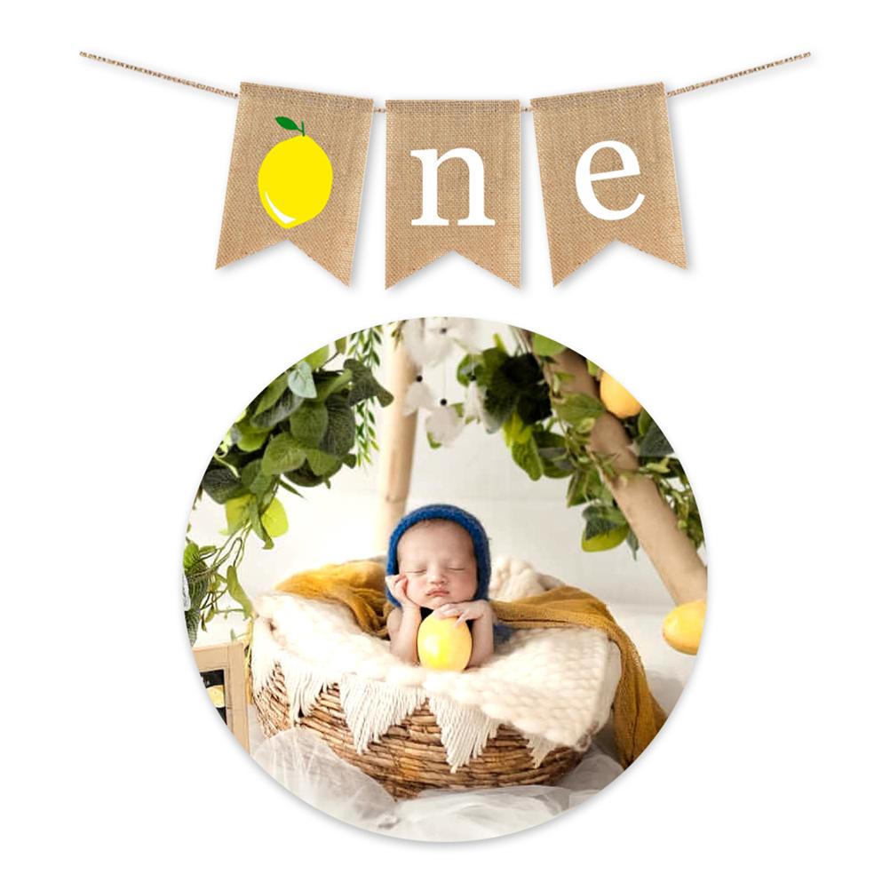 Burlap Banner Summer Themed Lemon Baby First Birthday Bunting Pull Flag Kids Party Decoration Hanging Garland (1)