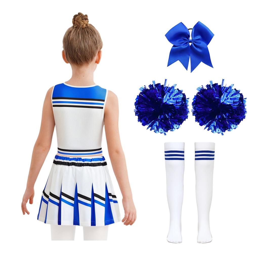 Girls Cheerleader Outfit Color Contrast Print Sleeveless Top Pleated Skirt Hand Flowers Socks Set