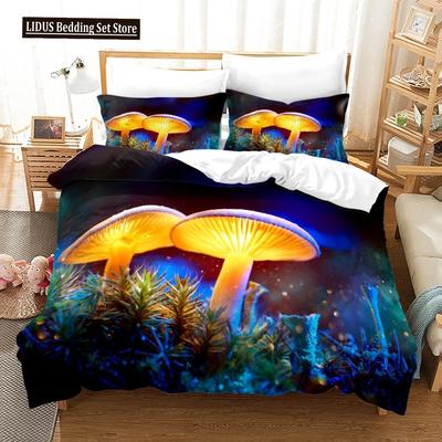 Mushroom Duvet Cover Set King Queen Size Star Purple Blue Trippy Mushroom Pattern Cartoon Polyester Bedding Set For Kid Boy Girl
