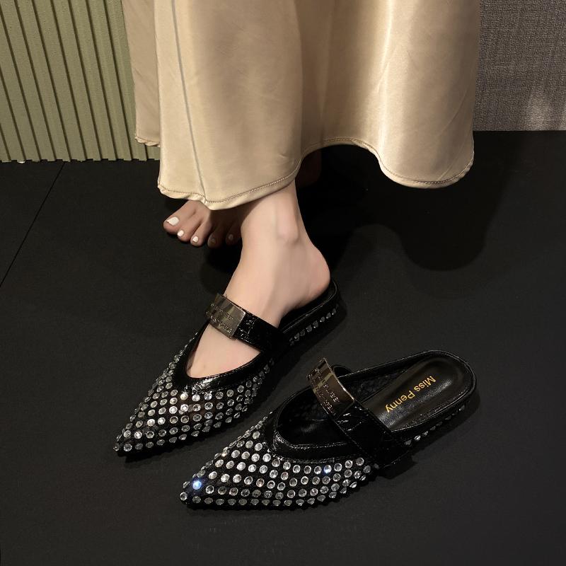 Summer Women Slippers 2025 New Rhinestone Leisure Slipper Retro Pointed Toe Metal Buckle Fashion Half Slipper Sandalias De Mujer