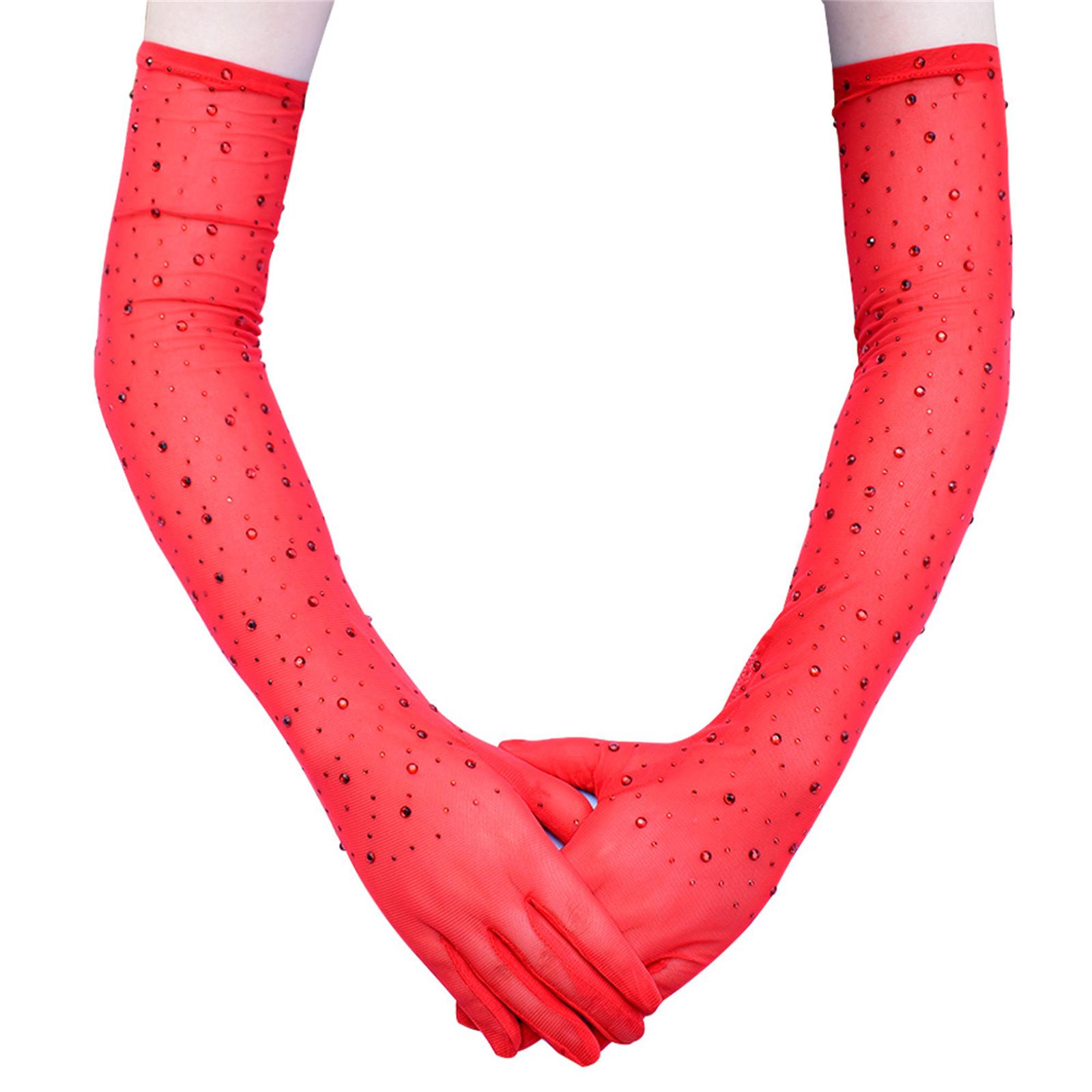 

1920s Stretchy Mesh Gloves with Sparkling Rhinestones Long Gloves Great for TeaParties and Evening Party Dress Wear червоний