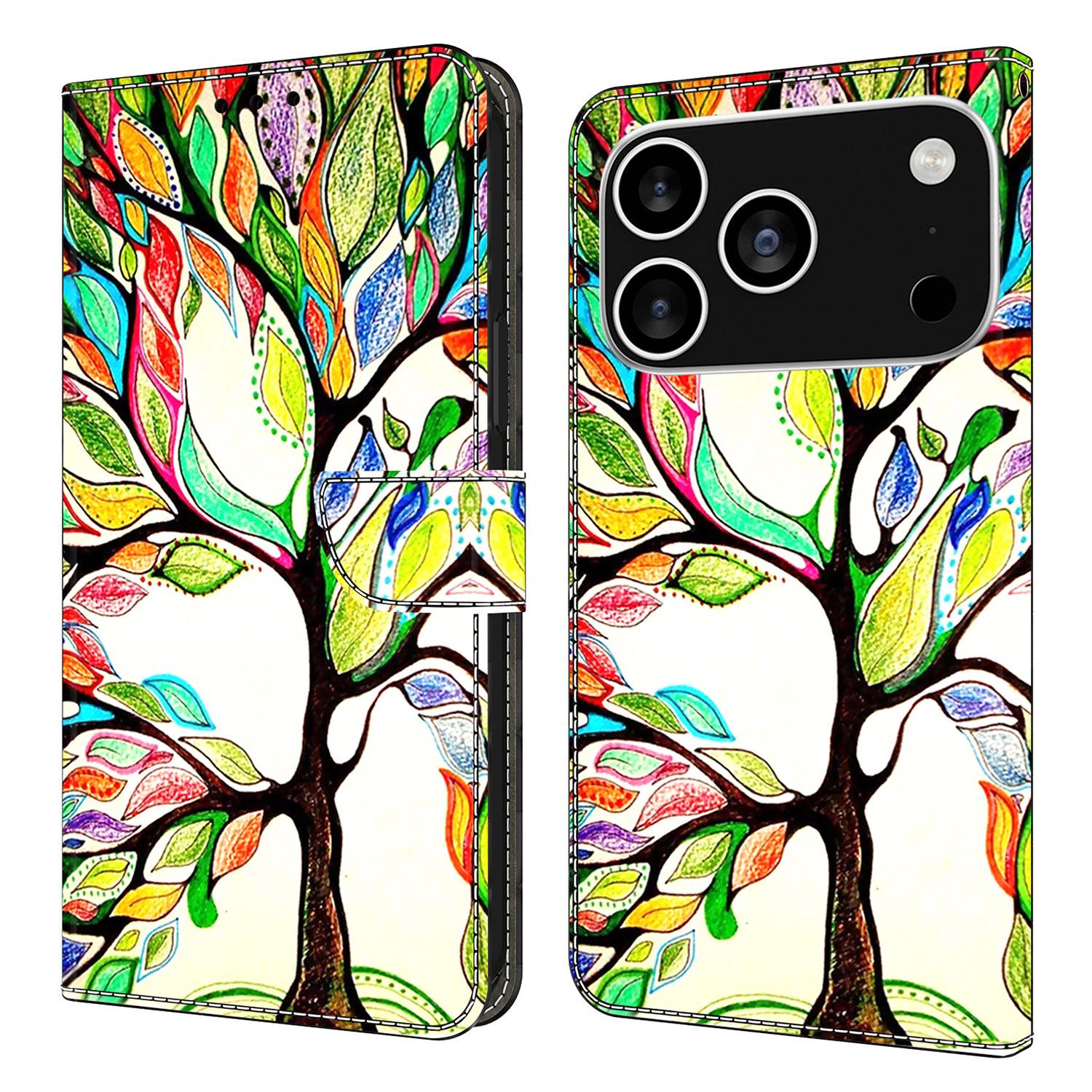 

For iPhone 17 Pro Max Case with Card Slot Pattern Printed TPU+PU Leather Flip Phone Cover Tree