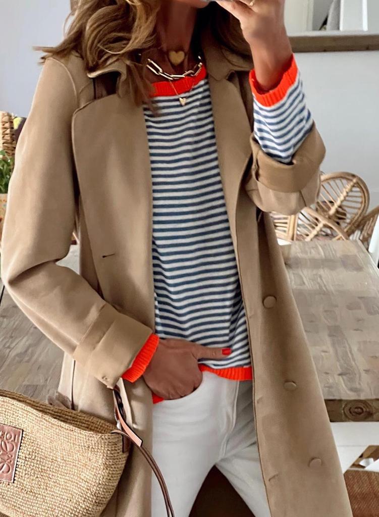 2026 Maglione a Blocchi di Colore a Righe con Spalle Cadenti e Maniche Lunghe