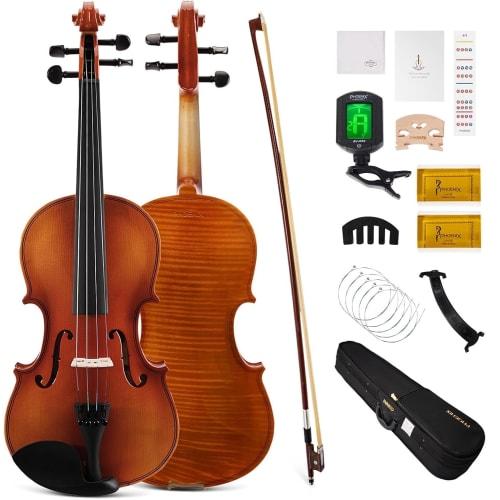 PHOENIX 4/4 Full-Size Violin Kit, Beginner/Adult Student Fiddle Set, Rosewood Bow, Extra Strings & Bridge, 2 Rosins, Tuner, Case, Mute, Fingerboard St
