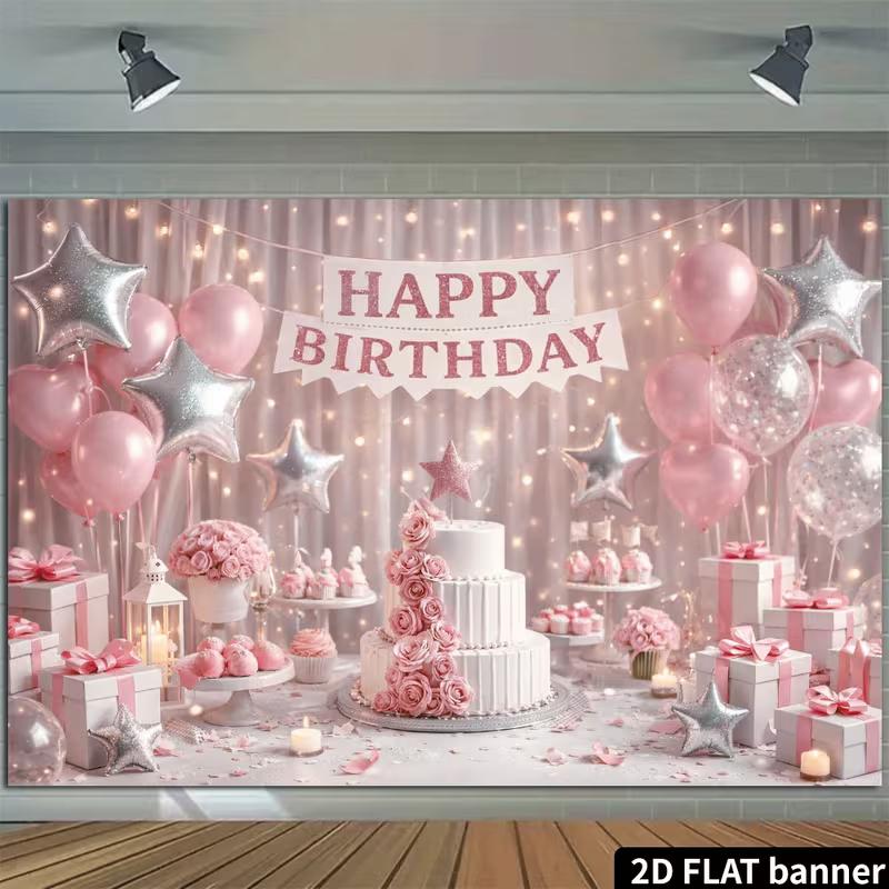 2D Pink Balloon & Cake Happy Birthday Backdrop Banner Photo Booth Background