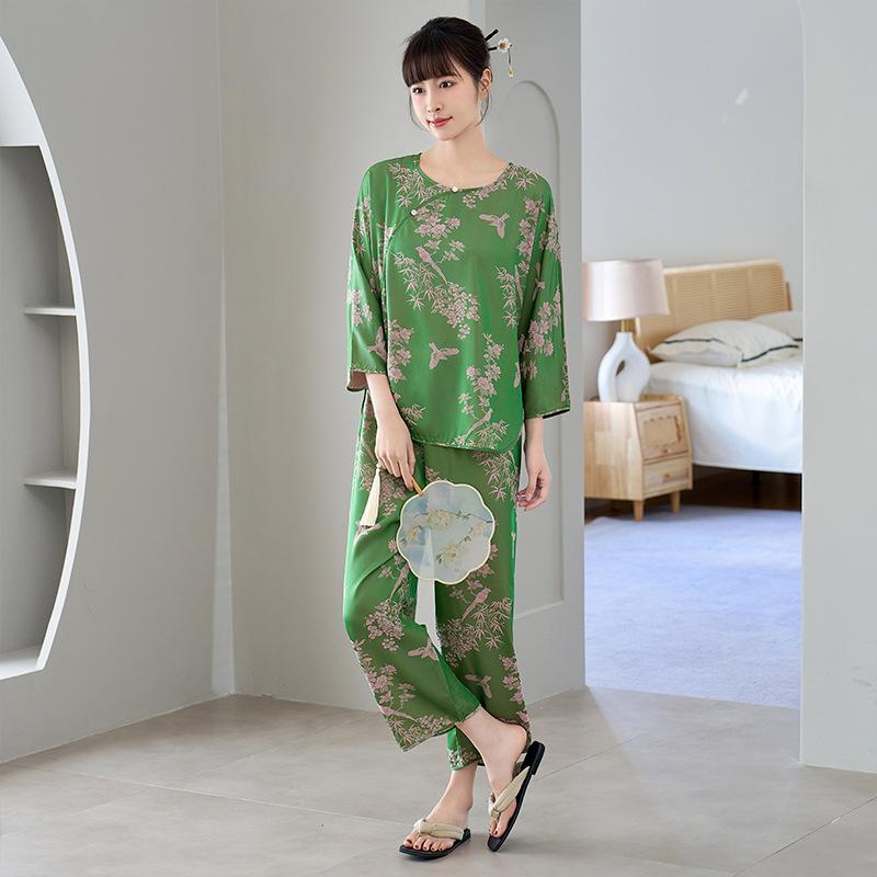 New Chinese national style suit cationic jacquard ice silk pajamas women's spring and summer silk satin pullover homewear