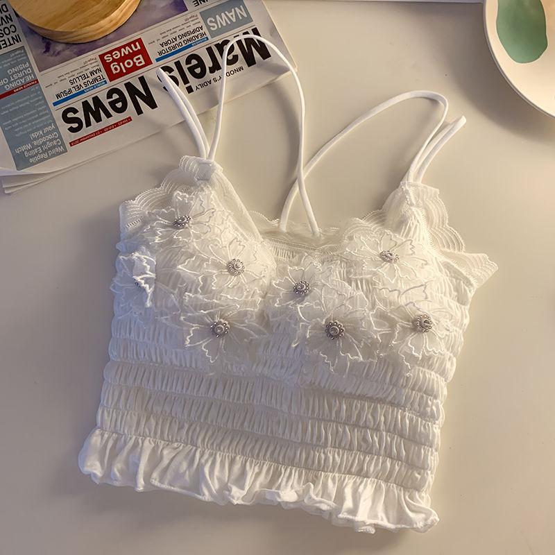 Beaded Cross Beautiful Back Camisole Vest Sexy Outer Wear With Chest Pad Ruched Tube Top Slim Lace Bandeau Underwear For Women