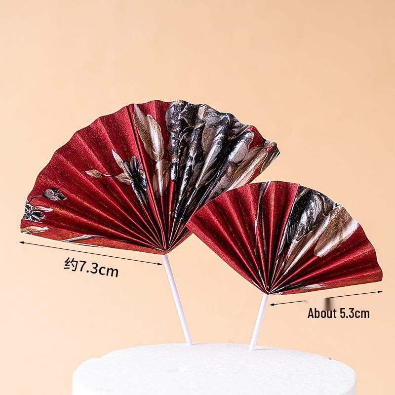 Creative Red Folding Fan Cake Topper for Grandpa and Grandma's Birthday Celebration