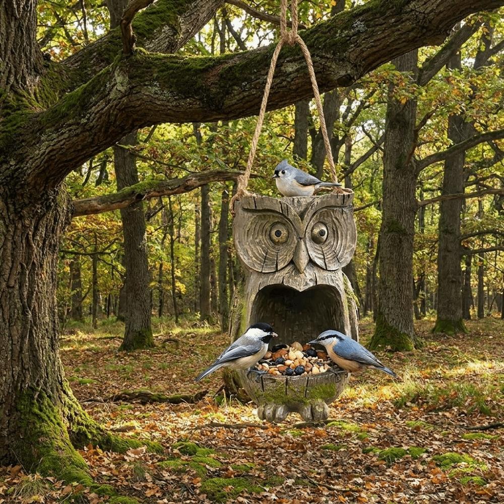 Resin Owl Bird Feeder Handicraft Realistic Tree Mounted Bird Feeder Waterproof Weather Resistant Tree Face Bird Feeder Backyard