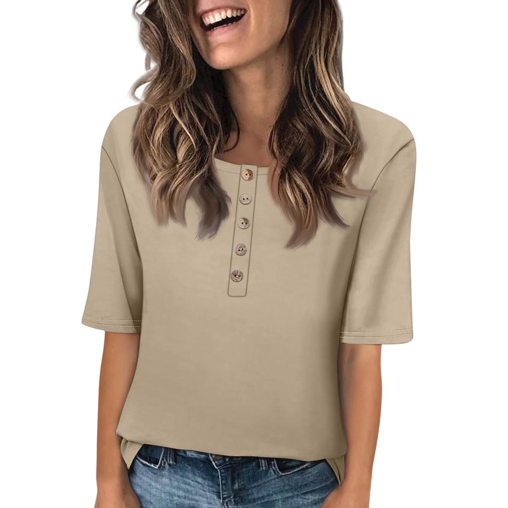 Women's Round Neck Button Short Sleeve Casual Top