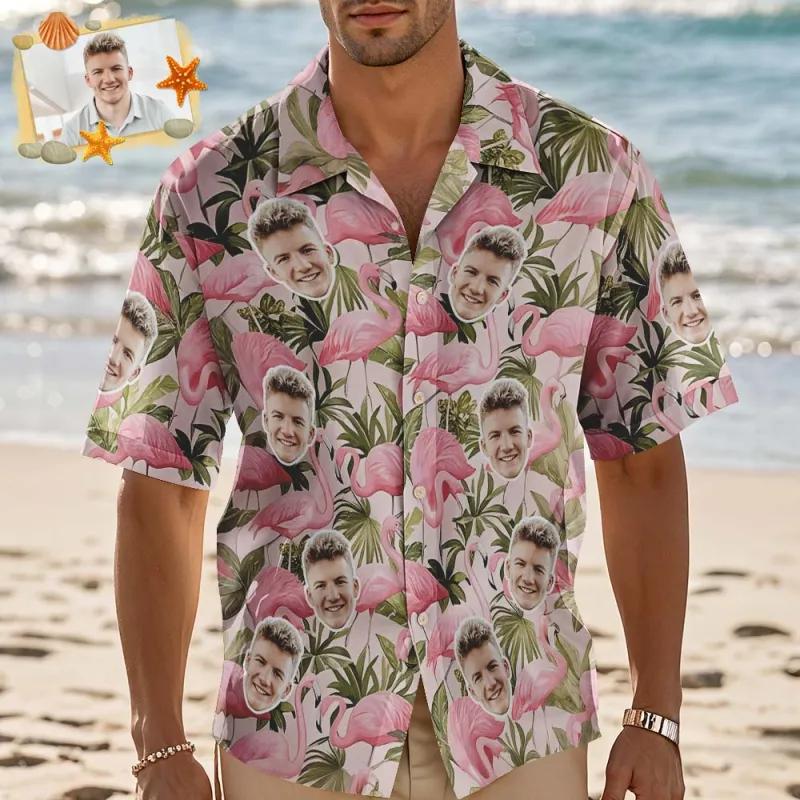 Tropical Hawaiian ShirtFace Photo Print Flower Pattern Aloha Shirt Casual Button Down Shirt For Men Blosues S
