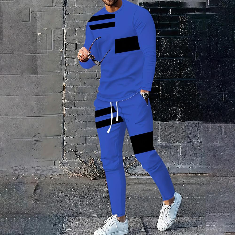 Autumn Men's Long Sleeve Pullover Sweatshirt 2 Piece Outfits Striped Print TShirts Tracksuit Set Drawstring Waist Jogger Set