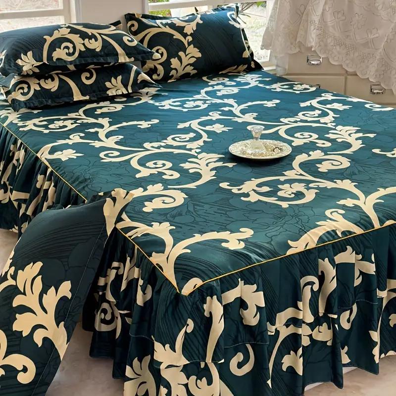 Letní Nový Zelený Květinový Vzor Retro Styl Sada Postelové Sukně 3ks Pohodlné Ložní Prádlo Luxusní Princeznovské Sukně Protiskluzová Postelová Sukně 1ks+1ks Povlaky na Polštáře