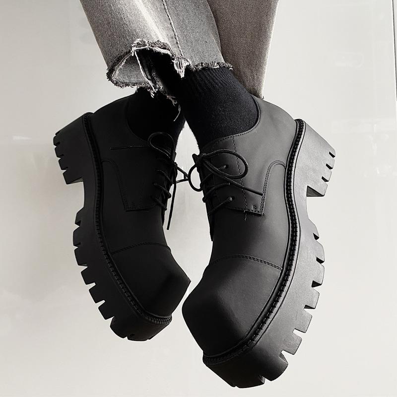 Pánské kožené boty na silné podrážce se čtvercovou špičkou, 3,5 cm platforma, šněrovací, letní ležérní boty, robustní podpatek, černé pánské boty zvyšující výšku