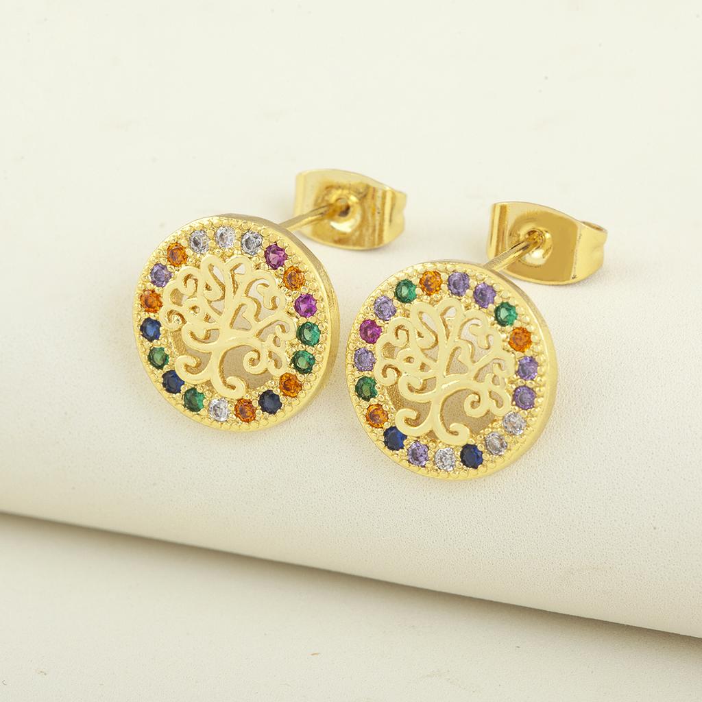 Nidin Classic New Design Copper Shiny Crystal Zircon Lucky Tree Of Life Stud Earrings For Women Fashion Temperament Ear Jewelry