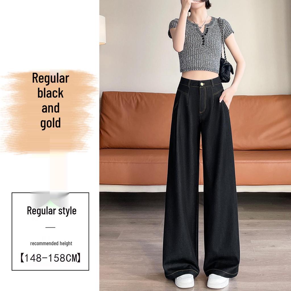 Women's Dark Blue Tencel High-Waisted Slimming Jeans, 2025 Spring/Summer Collection - Straight-Leg, Bright Stitching, Fashionable Draping Design.