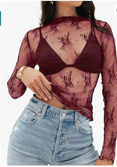 Women's Mesh Transparent Lace Layered Top Neck See-Through Shirt