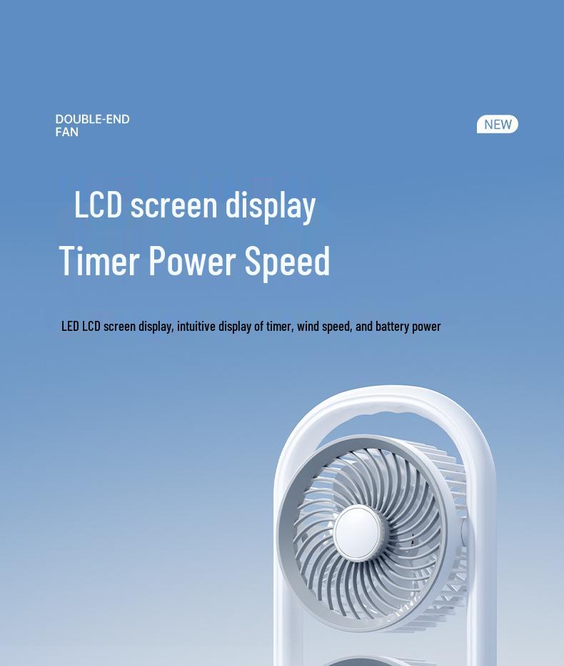 Desktop Dual Head Folding Fan with LED LCD Display & Hook - Portable Ceiling Fan with Night Light