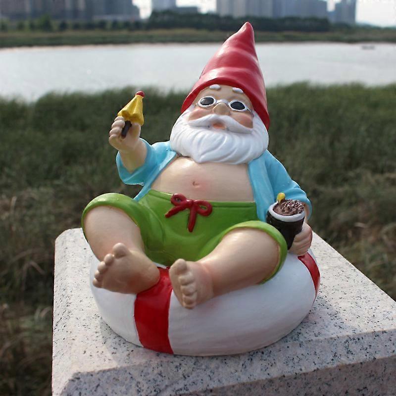 Funny Garden Statue Resin Gnome Art Ornament Dwarf Sitting on A Swimming Ring and Enjoying Sun Shine for Outdoor Lawn Ne