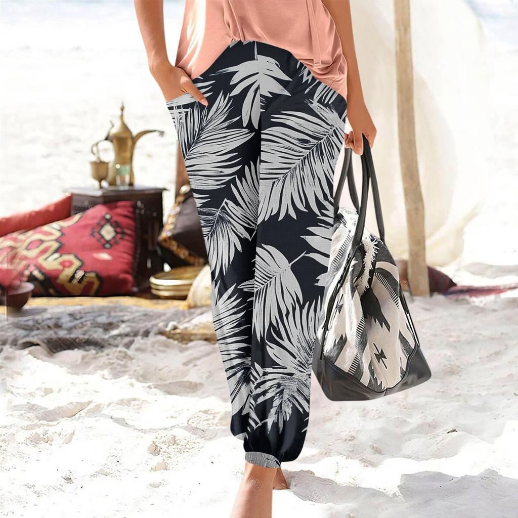 Hosen für Damen, lässig, Sommer, Strand, bedruckt, elastisch, lockere Hose