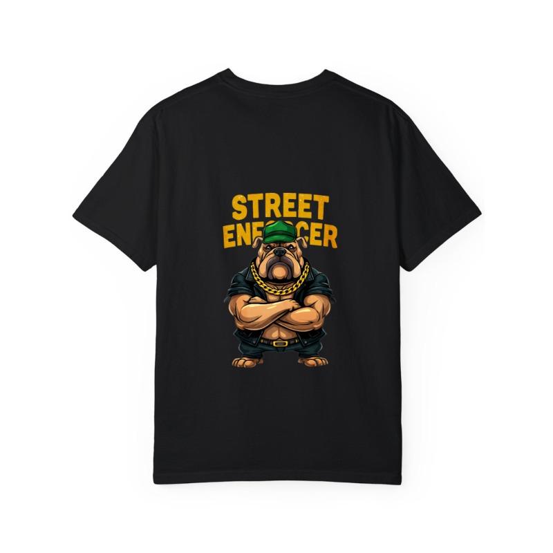 Street Enforcer Bulldog Graphic T Shirt White Cartoon Dog with Green Hat and Gold Chain Streetwear Style Urban Fashion for Casual Wear