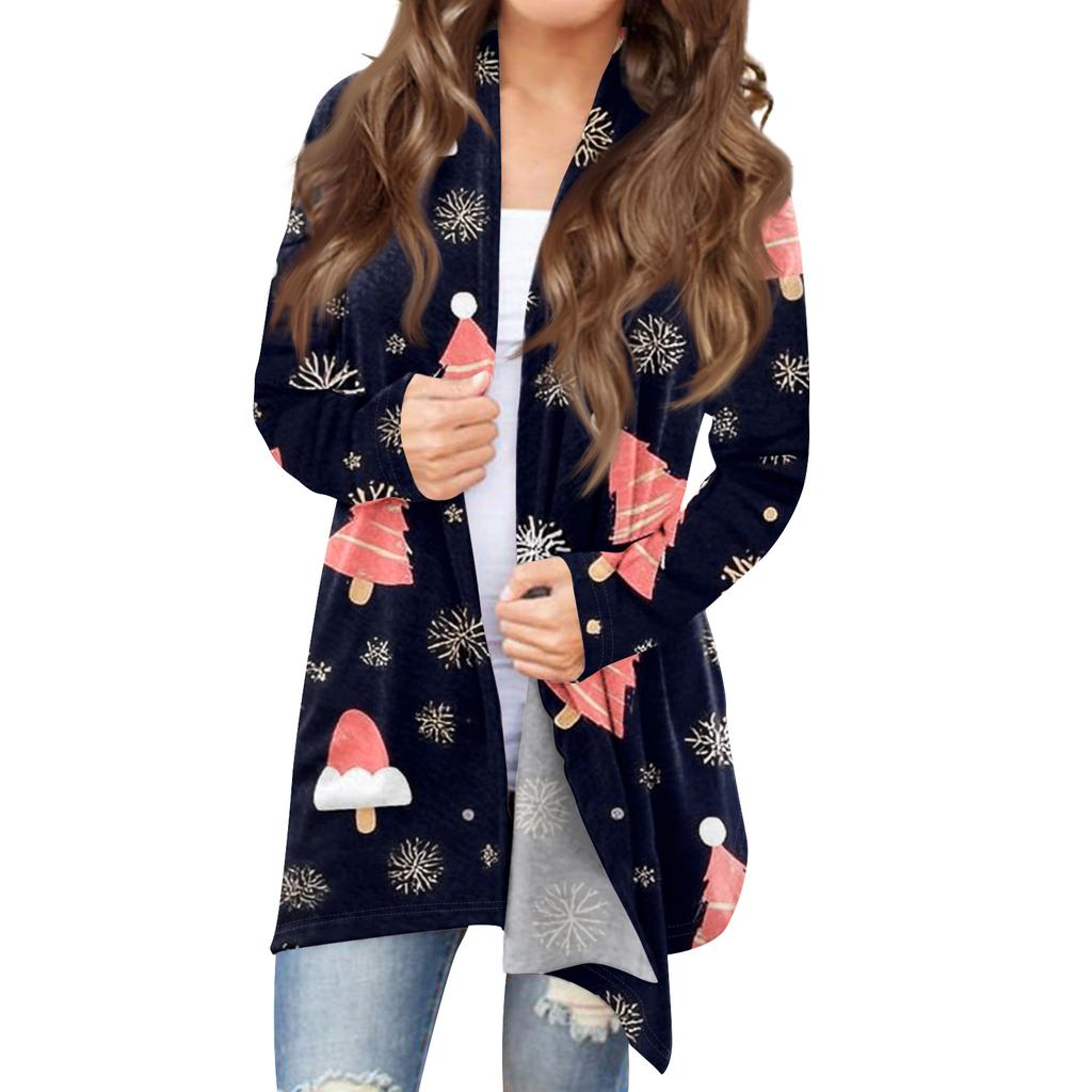 Women's Fashionable Loose-Fit Casual Cardigan With Christmas Print Mid-Length Coat