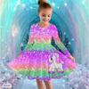 Mädchen Freizeitkleid mit 3D-Einhorn-Print, Rundhalsausschnitt, lange Ärmel, Kinder Prinzessinenkleid