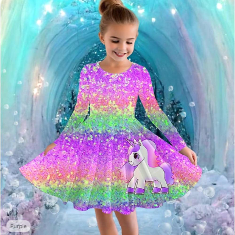 Mädchen Freizeitkleid mit 3D-Einhorn-Print, Rundhalsausschnitt, lange Ärmel, Kinder Prinzessinenkleid