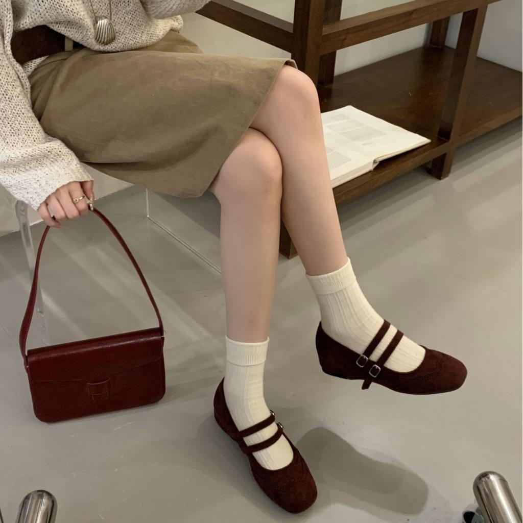 French Retro Double Buckle with Mary Jane Shoes, Shallow Mouth Inner Height Increase Single Shoes, Autumn New Fairy Ballet Beanie Shoes
