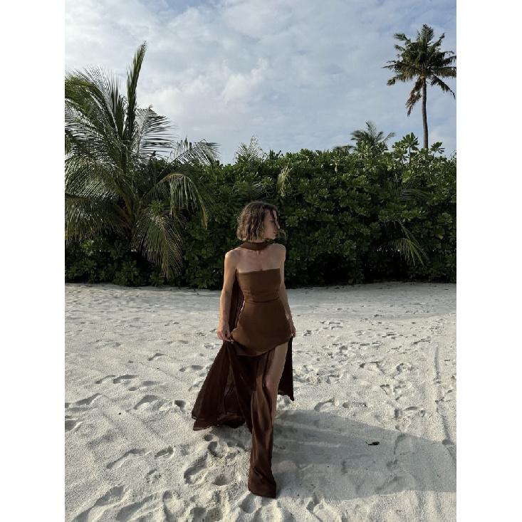 Strapless Slit Long Dress With Ribbon Female Sleeveless Mesh Elegant Beach Vacation Dress Spring New Women Dress