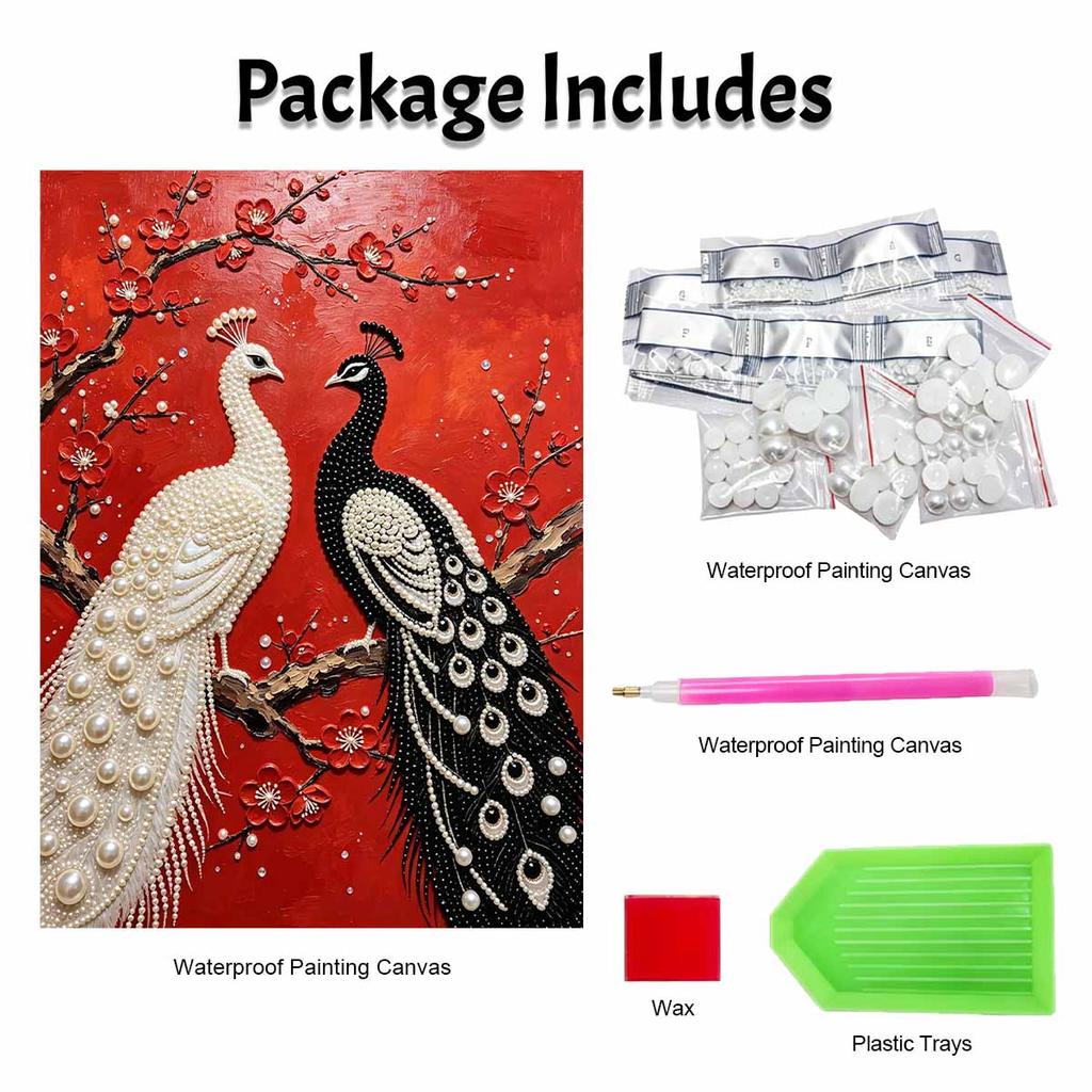 Pearl painting kit features 5D pearl peacock and flower mosaic art style. designed for home wall decoration.