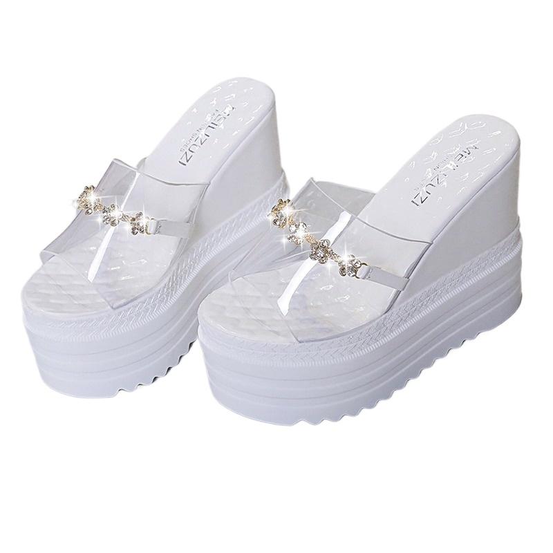 Fashion Hot Selling Slipper Women's 2025 Fashion Platform Sequined Slippers Slope Heels Woman Shoes Rhinestone Transparent Wedges Slide