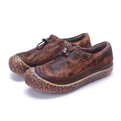 Genuine Leather Patchwork Horsehair Flats Retro Comfortable Warm Soft Sole Women's Shoes