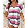 Plus Size 1XL-5XL Fashion  Women Summer Striped T-shirt Ladies Casual Printed Short Sleeved V-neck Knit Top T-shirt