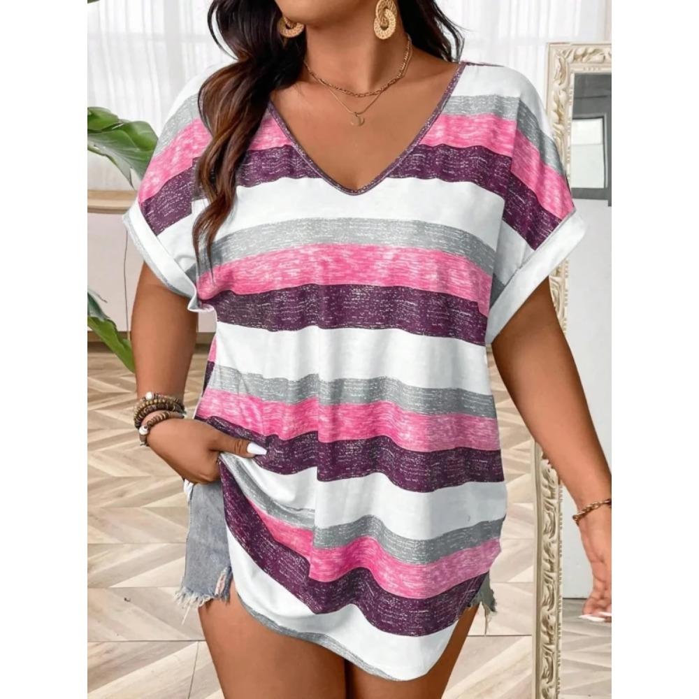 Plus Size 1XL-5XL Fashion  Women Summer Striped T-shirt Ladies Casual Printed Short Sleeved V-neck Knit Top T-shirt