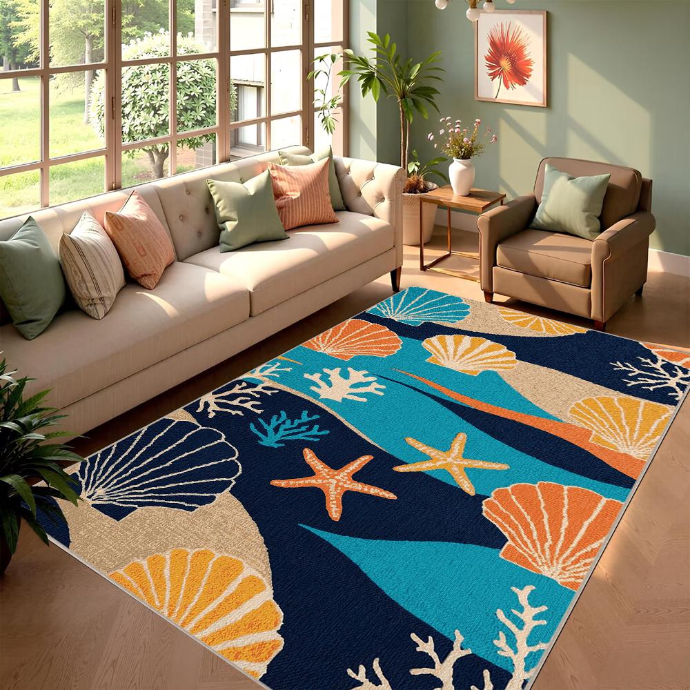 

Nautical Ocean Carpet Rug Home Decoration Seashell Starfish Coral Sea Beach Floor Mat Living Room Hallway Bedroom Blue 40x60cm