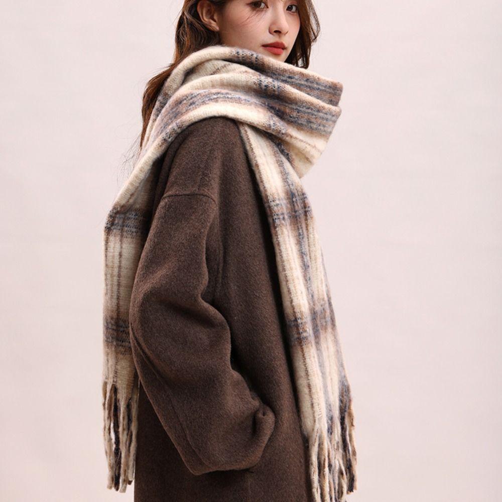 Tassel Plaid Wool Scarf Mohair Long Shawl Elegant Winter Cashmere Scarves  Girl