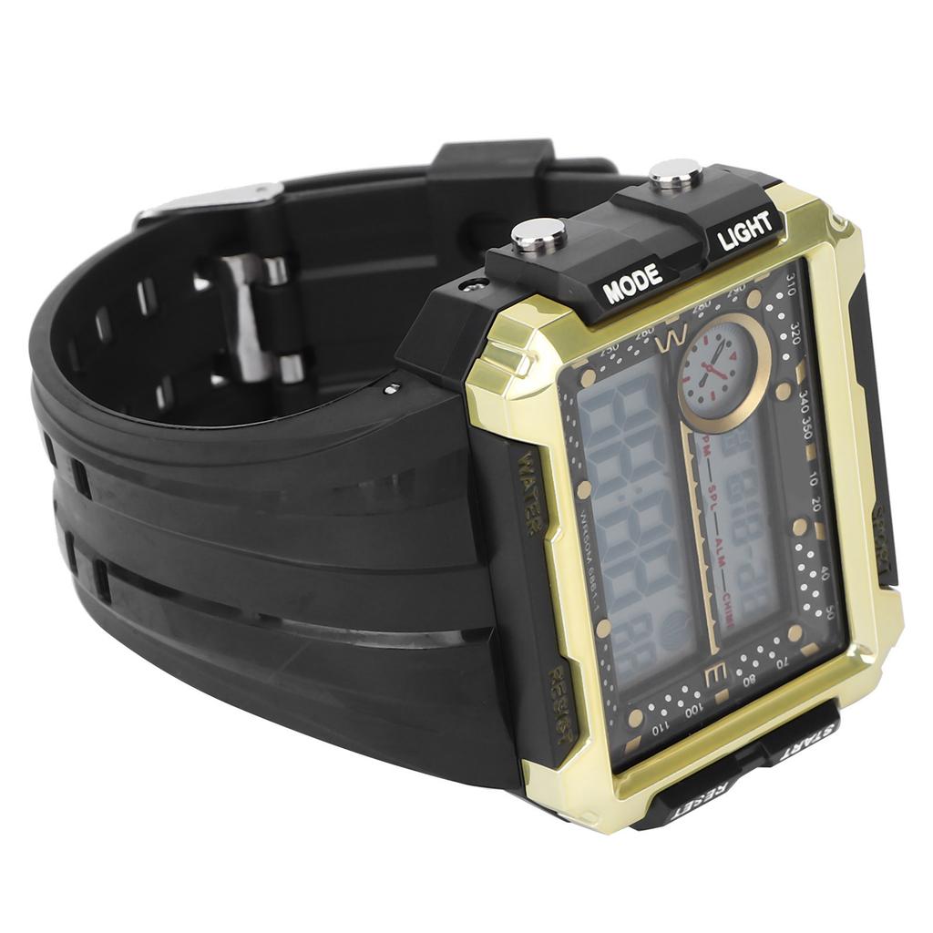 Men S Electronic Watch Night Light Waterproof Large Dial Dual Time Digital Sports WatchBlack Gold