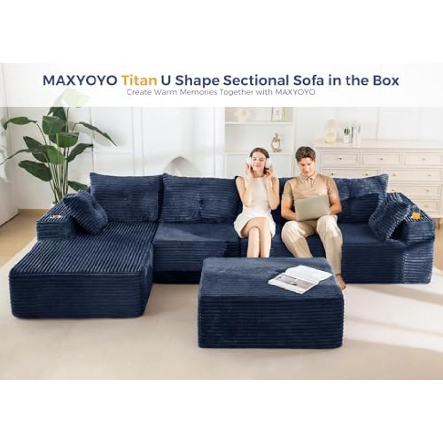 132 Giant U-Shaped Modular Sectional Couch Modern Boneless Couch for Living Room Sofa in A Box Oversized Sofa Sleeper with Deep