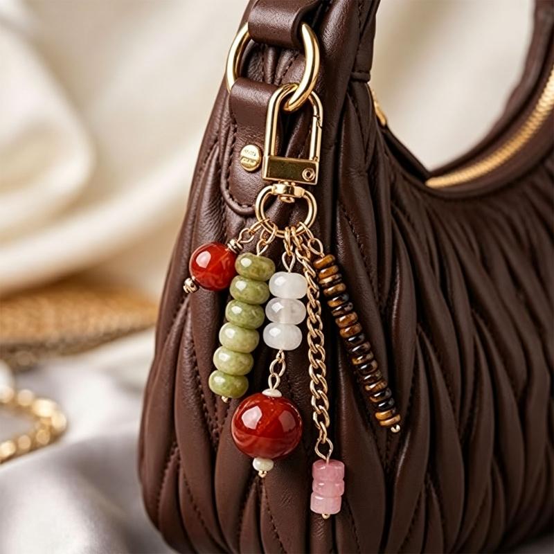 Decorative Beaded Keychain Charm with Gold Tone Clasp and Chain Detail, Bag Charm Key Ring Accessory for Daily Carry