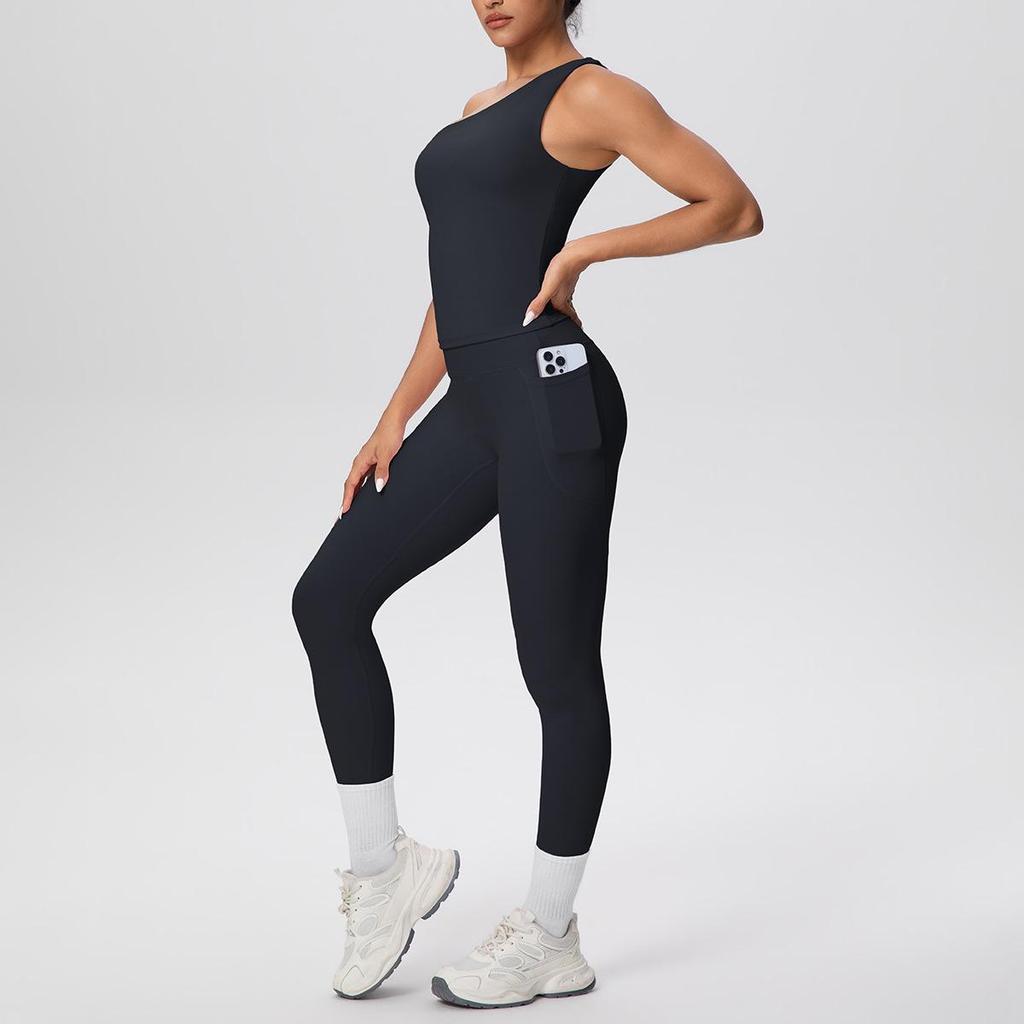 European & American Solid Color One-Shoulder Sports Vest & High-Waisted Pocket Yoga Pants Fitness Set for Women