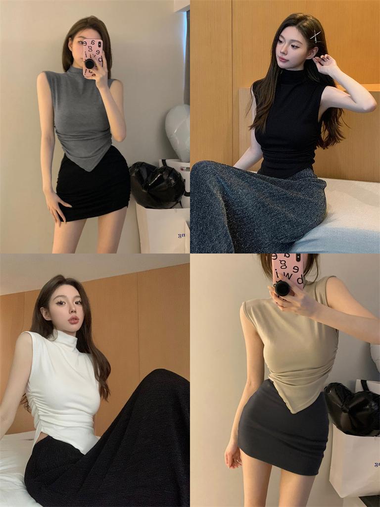(Modal cotton) semi-turtleneck T-shirt new niche irregular slim-fit sleeveless vest top