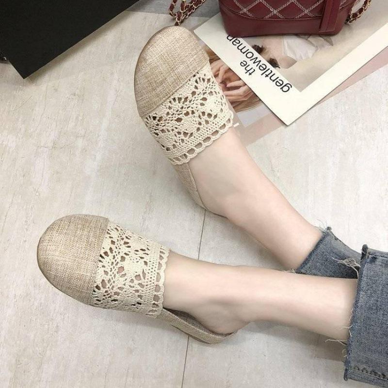 Baotou coola tofflor dam sommar samhälle litterär och konstnärlig retro linne spets ihåliga gravidskor andningsbara halvsläp damskor