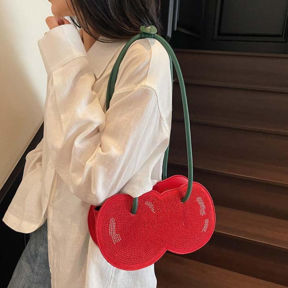 

Sweet Red Fruit Handbag Large Capacity PU Rhinestone Bag Funny Cherry Shape Underarm Bag Shopping червоний