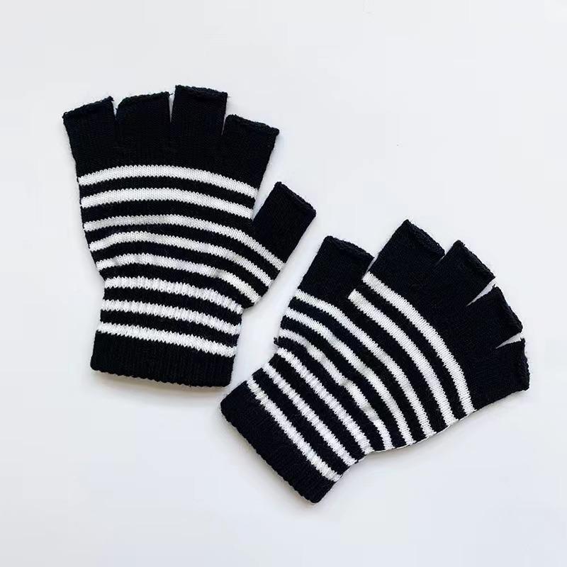 1Pair Unisex Black Stripes Half Finger Fingerless Gloves for Women Wool Knit Wrist Cotton Gloves Winter Warm Men Workout Gloves