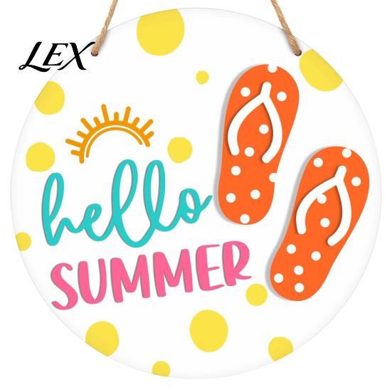 Wooden Hanging Sign Hello Summer Door Sign, Ice Pop Flip Flop Welcome Hanger, Front Plaque Farmhouse Wreath for Home Porch Decor Coastal Style Wall