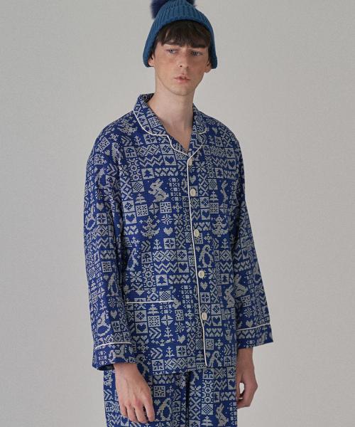 

[IRUSIDA] Мужской комплект пижамы из чистого хлопка с нордическим синим узором, длинный рукав, персиковый, начес [Отправка из Кореи] 100% Оригинал M